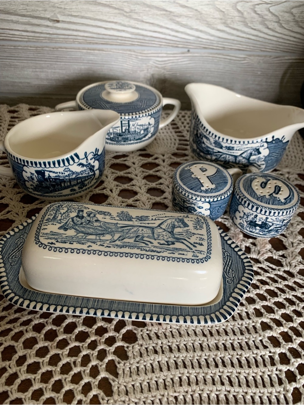 Blue and White Ceramic Butter Dish and Condiment Set - Classic Transferware
